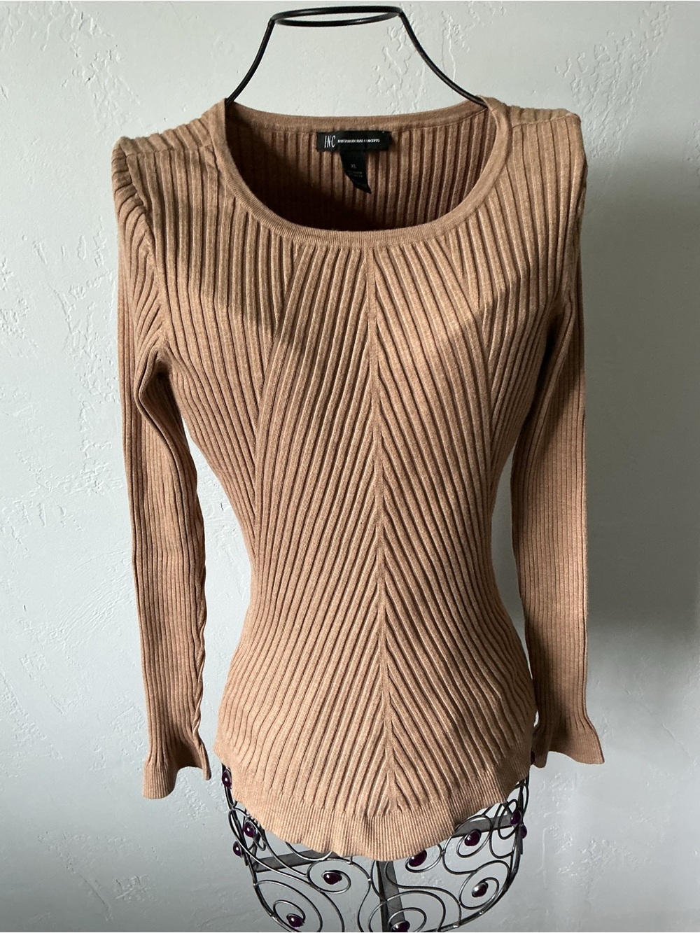 INC International Concepts Tan Ribbed Scoop Neck Sweater